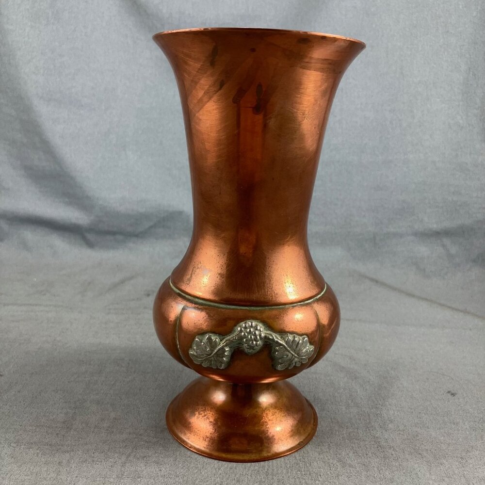 Vtg Venetian Copper Vase with Silver Tone Embellishment 7"